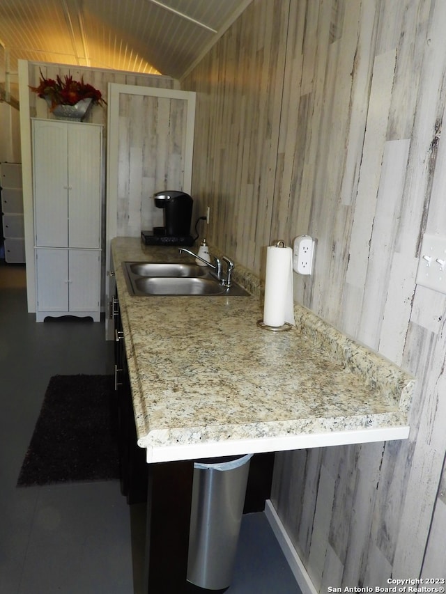 kitchen featuring wood walls and sink