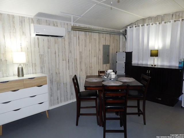 dining room with vaulted ceiling and a wall mounted AC