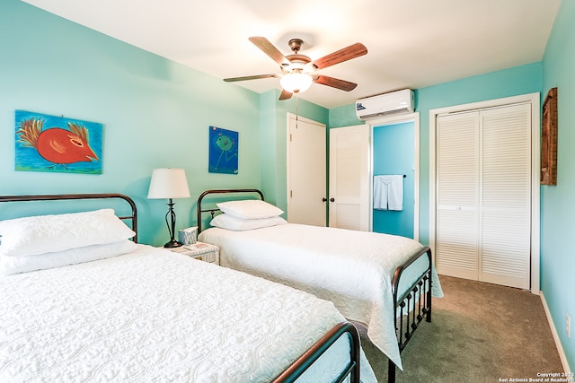 carpeted bedroom with a wall mounted air conditioner, a closet, and ceiling fan