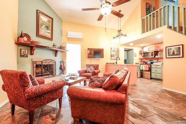 living room featuring high vaulted ceiling, ceiling fan, light tile flooring, and a wall unit AC