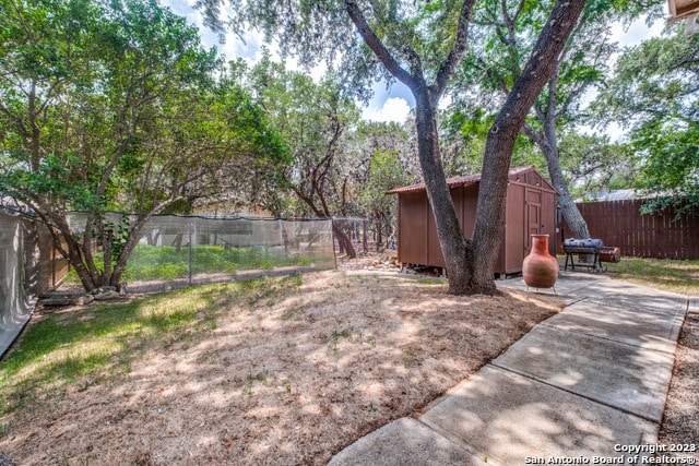 view of yard with a storage unit and a patio