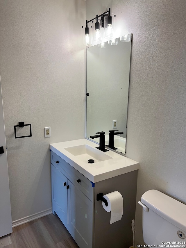 bathroom featuring toilet, vanity with extensive cabinet space, and hardwood / wood-style floors