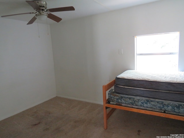 bedroom with ceiling fan and carpet floors