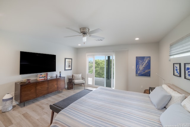 bedroom with access to exterior, ceiling fan, and light wood-type flooring