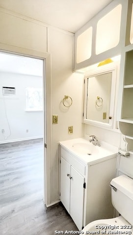 bathroom with wood-type flooring, vanity with extensive cabinet space, and toilet