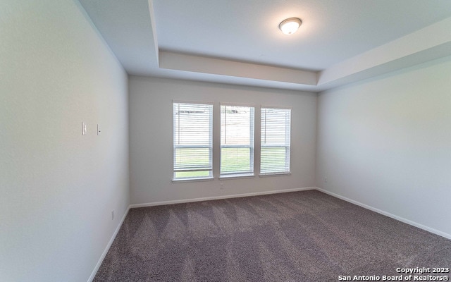 empty room with dark colored carpet and a raised ceiling