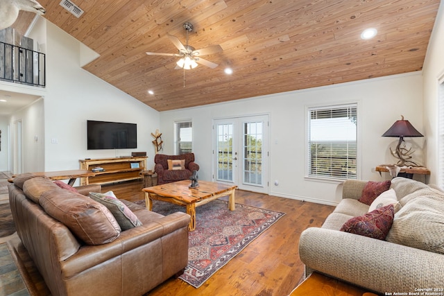 living room featuring wood ceiling, hardwood / wood-style flooring, high vaulted ceiling, french doors, and ceiling fan