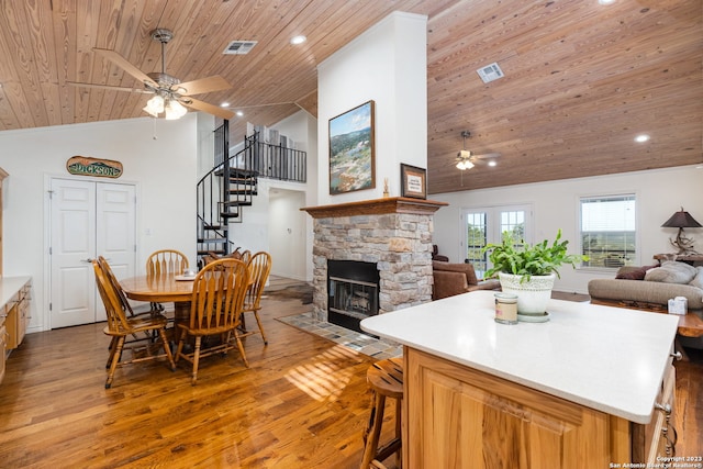 kitchen with a fireplace, hardwood / wood-style flooring, ceiling fan, and wood ceiling