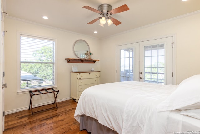 bedroom featuring dark wood-type flooring, french doors, access to exterior, ornamental molding, and ceiling fan