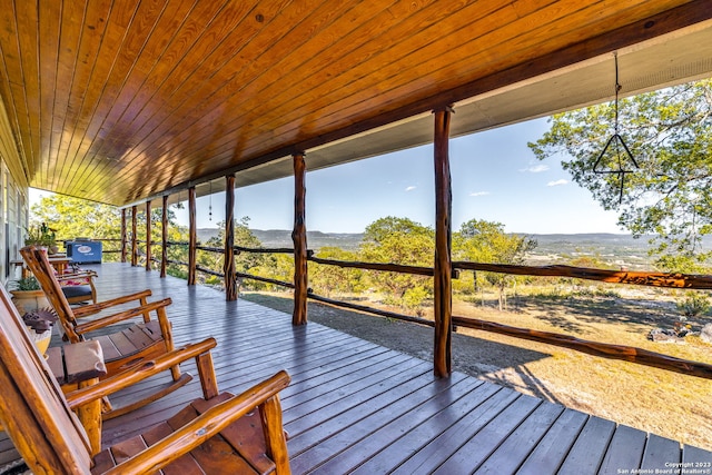 sunroom / solarium with a water view, plenty of natural light, and wooden ceiling