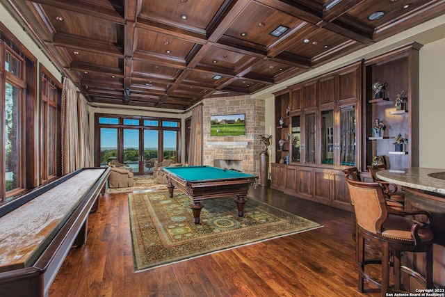 playroom with coffered ceiling, billiards, dark hardwood / wood-style floors, and wood ceiling