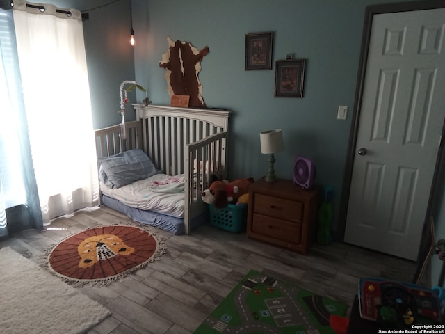 bedroom with hardwood / wood-style flooring