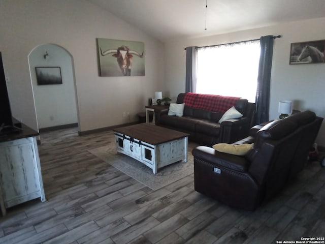 living room featuring lofted ceiling and hardwood / wood-style floors