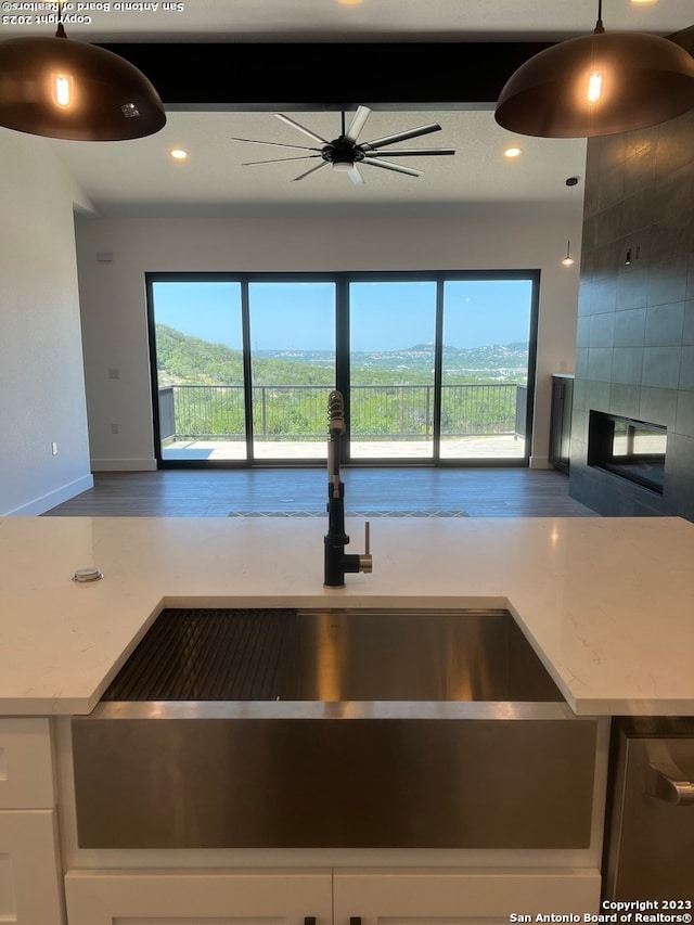 kitchen with plenty of natural light, white cabinetry, hardwood / wood-style flooring, and a fireplace