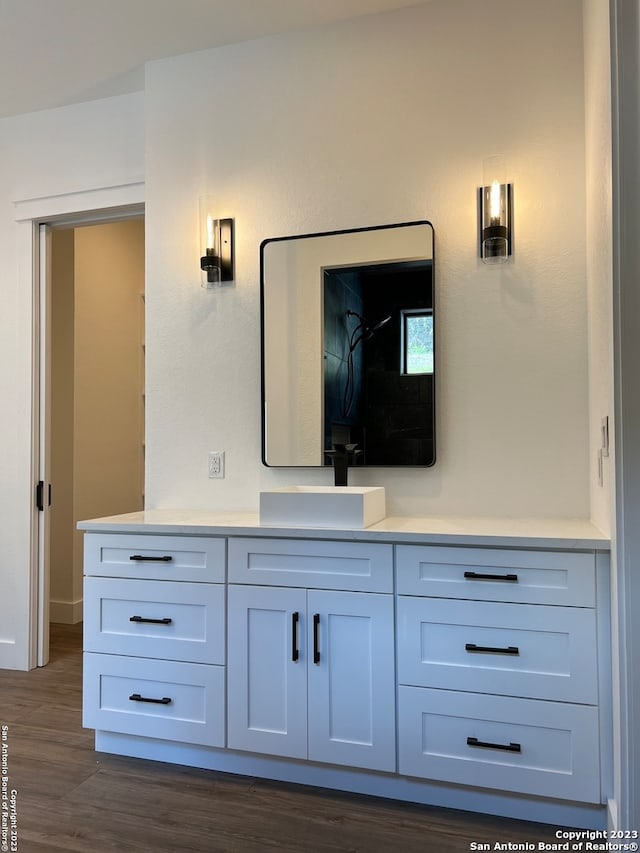 room details featuring vanity and dark hardwood / wood-style flooring