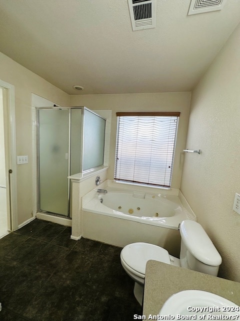 bathroom with tile flooring, plus walk in shower, and toilet