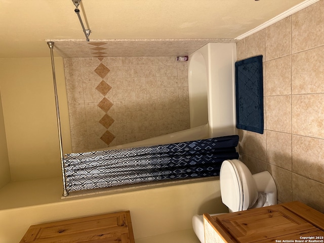 bathroom with tile walls and toilet