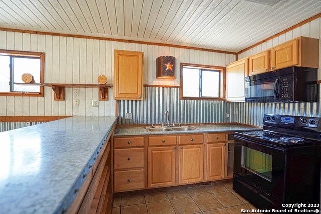 kitchen with crown molding, black appliances, wood ceiling, sink, and tile floors