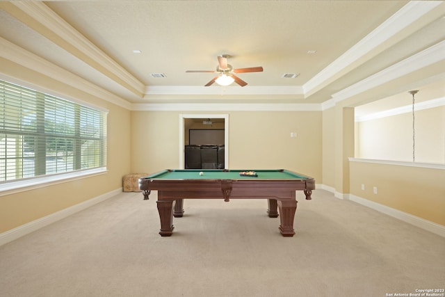 game room with a raised ceiling, ceiling fan, and pool table