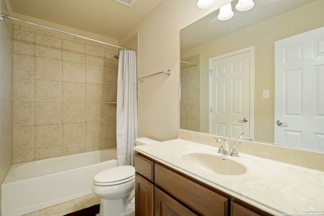 full bathroom with shower / bath combination with curtain, toilet, and large vanity