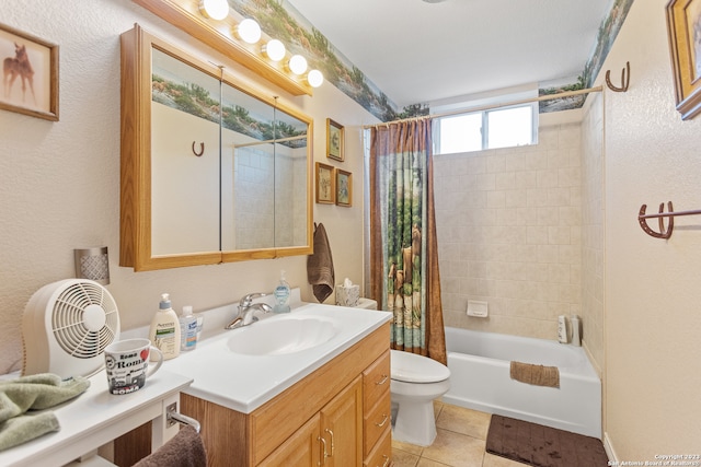 full bathroom featuring shower / bath combination with curtain, vanity, toilet, and tile flooring