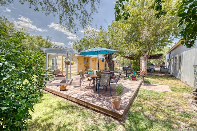 view of yard featuring a pergola and a wooden deck