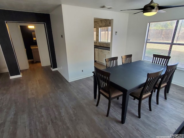 dining room featuring ceiling fan and dark wood-type flooring