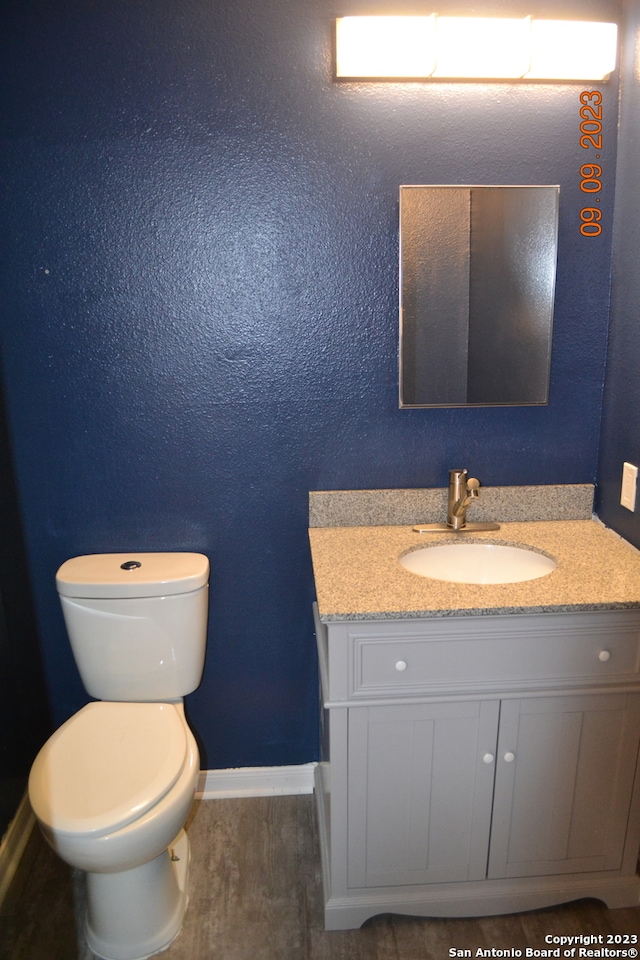 bathroom with toilet, vanity, and wood-type flooring