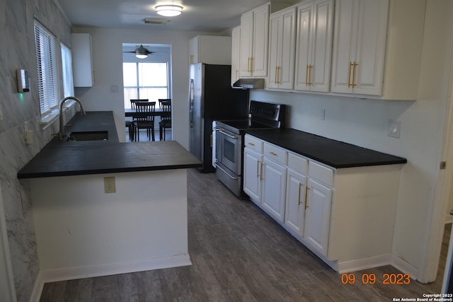 kitchen featuring ceiling fan, white cabinetry, stainless steel range with electric stovetop, dark hardwood / wood-style floors, and sink