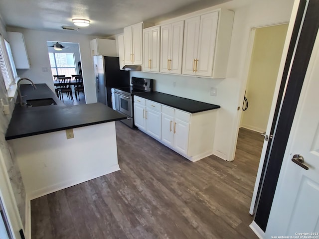 kitchen with dark hardwood / wood-style floors, ceiling fan, sink, appliances with stainless steel finishes, and white cabinetry