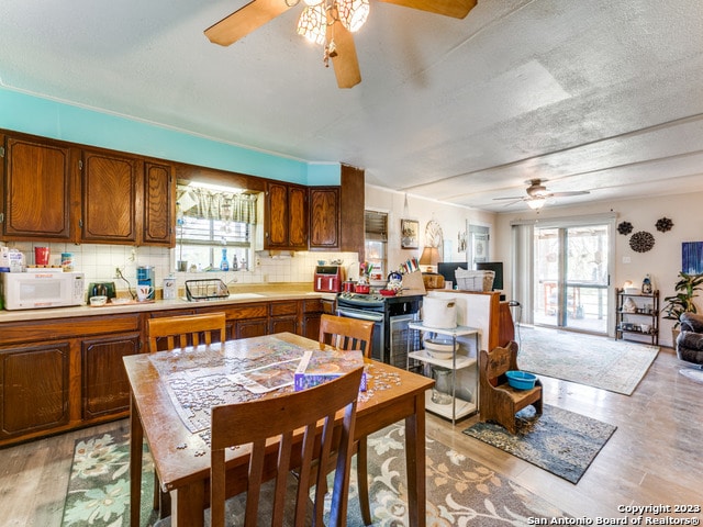 kitchen featuring backsplash, light hardwood / wood-style floors, and ceiling fan