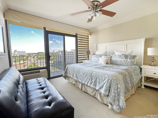 bedroom with light carpet, crown molding, ceiling fan, and access to outside