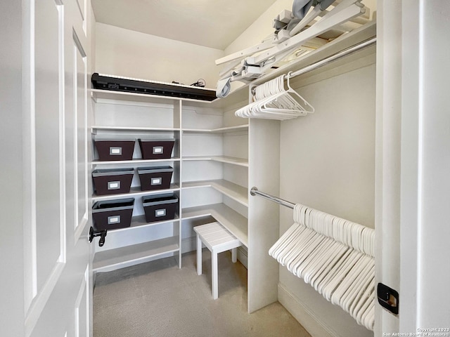 spacious closet with carpet flooring and vaulted ceiling