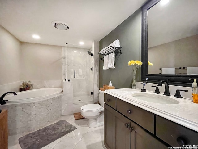 full bathroom with oversized vanity, toilet, separate shower and tub, and tile flooring