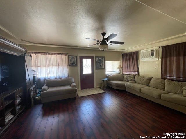 living room featuring ceiling fan, dark hardwood / wood-style floors, and a wall mounted air conditioner