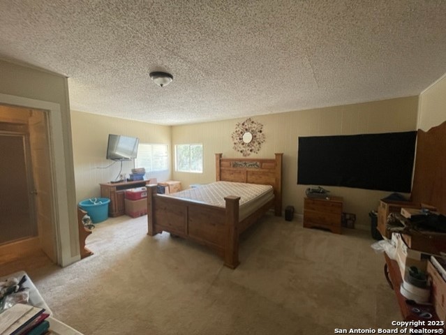 bedroom featuring carpet floors and a textured ceiling