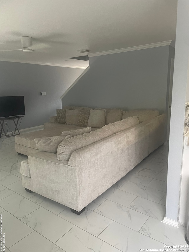 unfurnished living room with light tile floors and crown molding