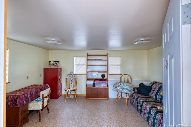 sitting room with light colored carpet