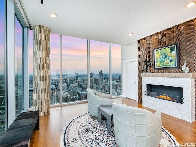 living room featuring expansive windows and light hardwood / wood-style flooring