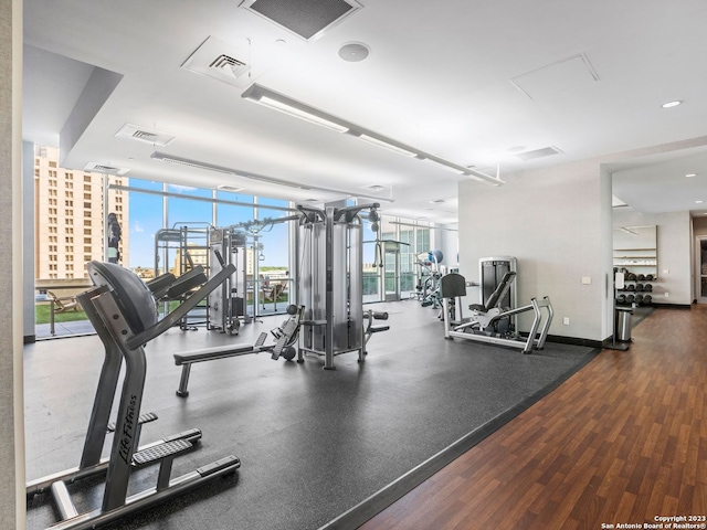 exercise room with a wall of windows and dark wood-type flooring