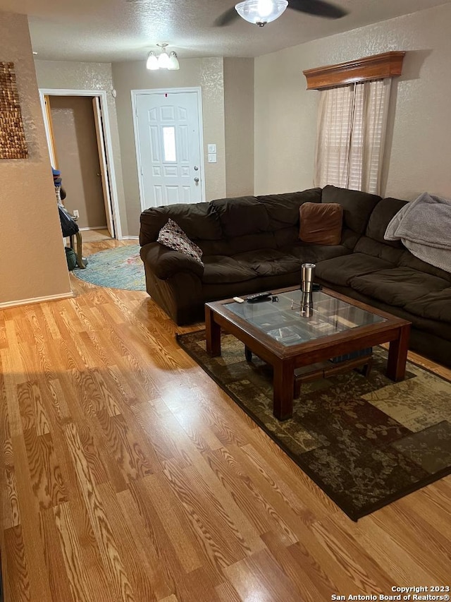 living room with light hardwood / wood-style floors and ceiling fan