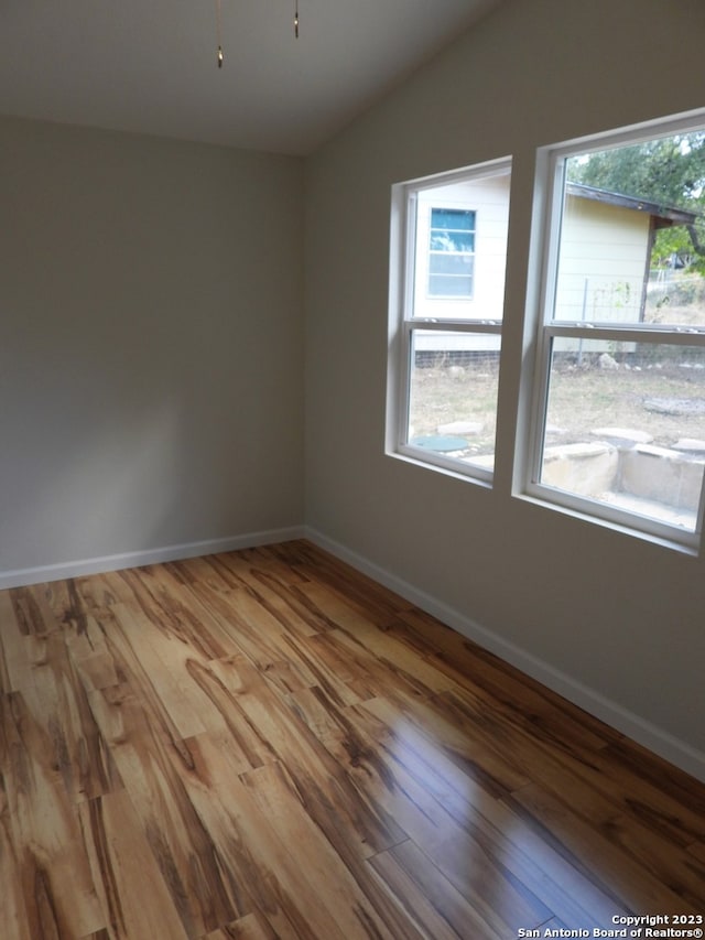 empty room featuring a healthy amount of sunlight, vaulted ceiling, and wood finished floors