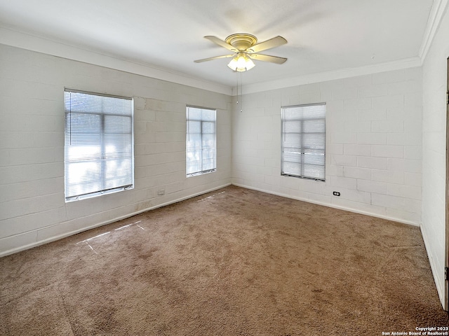 unfurnished room with ceiling fan, carpet floors, and crown molding