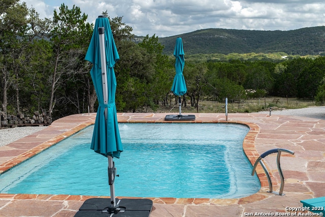 view of swimming pool featuring a mountain view