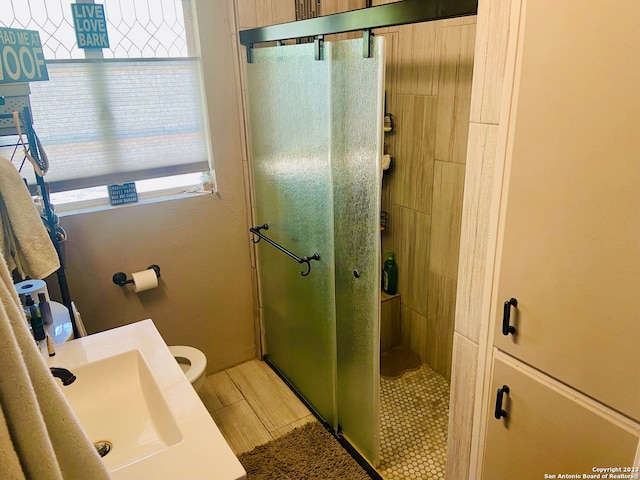 bathroom featuring toilet, an enclosed shower, and sink