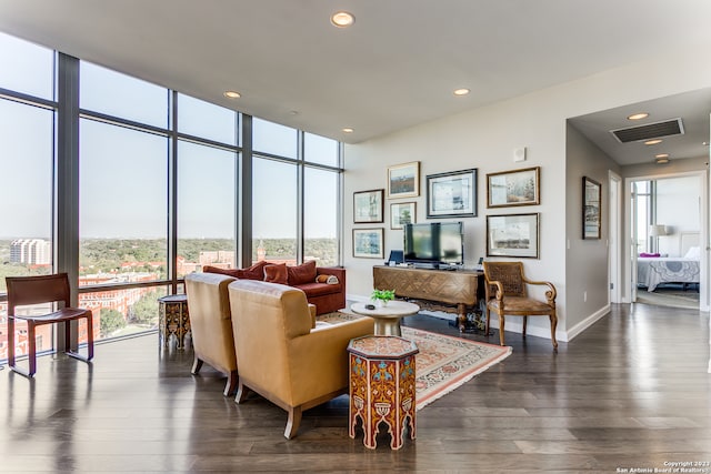 living room with dark hardwood / wood-style floors and expansive windows