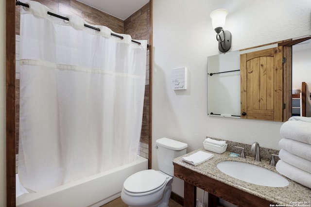 full bathroom with toilet, vanity, and shower / tub combo with curtain