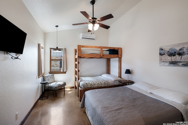 bedroom with ceiling fan, high vaulted ceiling, and a wall mounted air conditioner