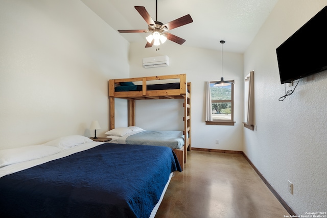 bedroom with a wall mounted AC, concrete flooring, ceiling fan, and high vaulted ceiling