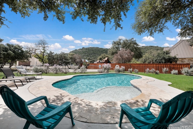 view of pool featuring a lawn and a patio